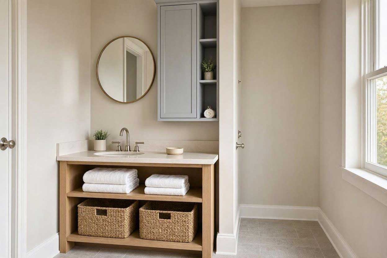 Open-shelf vanity with vertical storage in a small bathroom