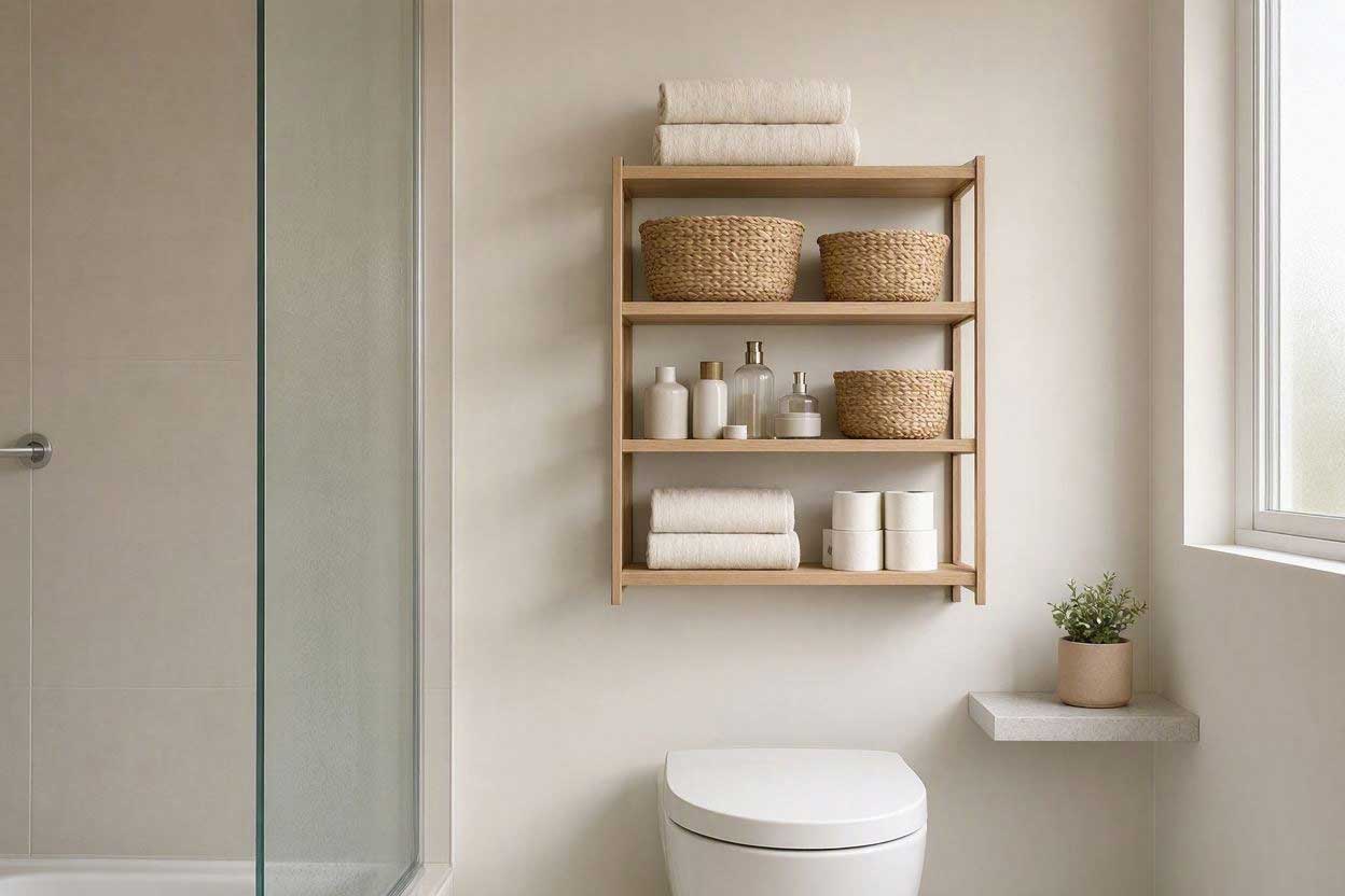 over-the-toilet shelf for bathroom storage without cabinets