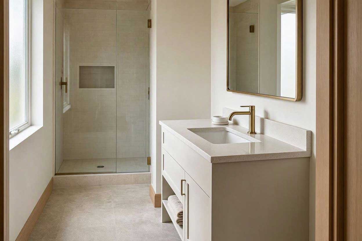 Shallow-depth vanity in a long narrow bathroom