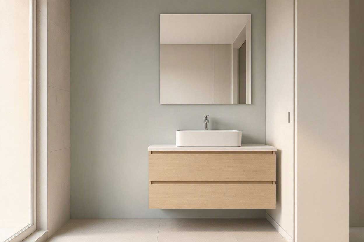 Slim floating vanity in a narrow bathroom