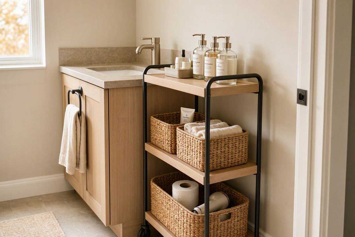 slim rolling cart with baskets for bathroom storage