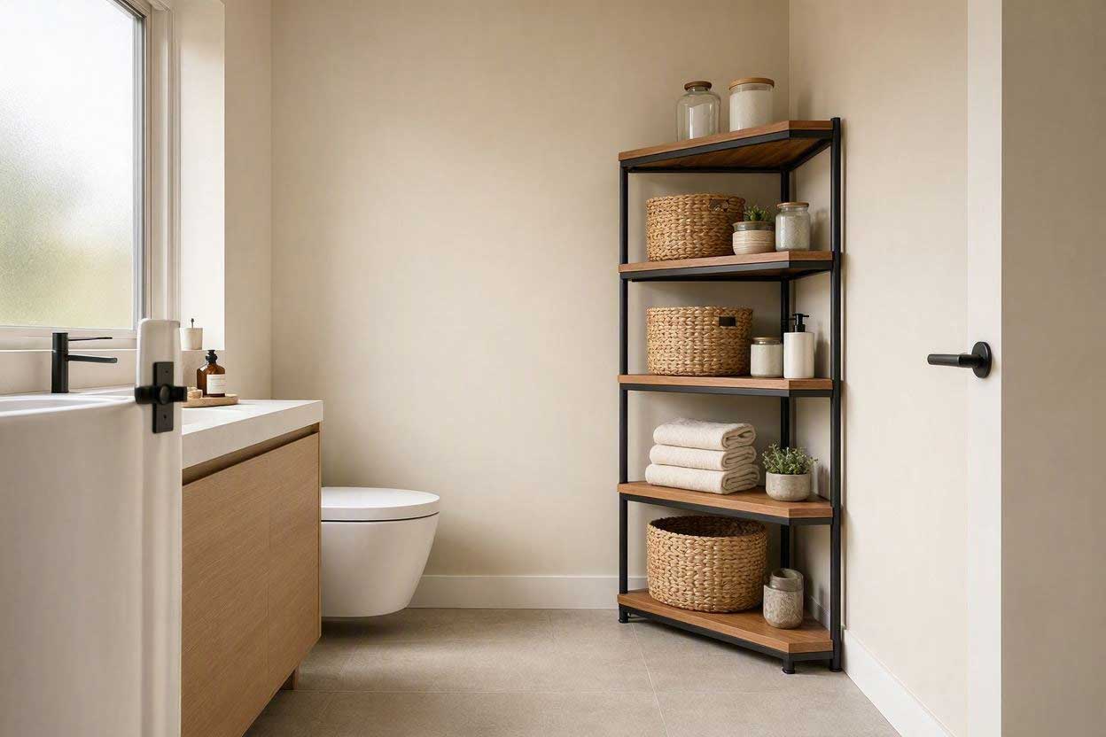 corner shelf providing storage in a small bathroom