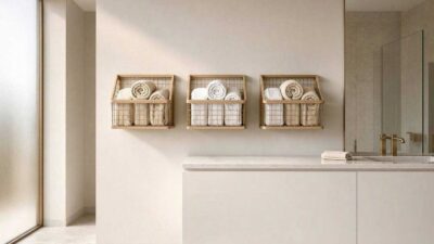 Creative small bathroom towel storage ideas featuring wooden wire baskets mounted on a wall with spa rolled towels