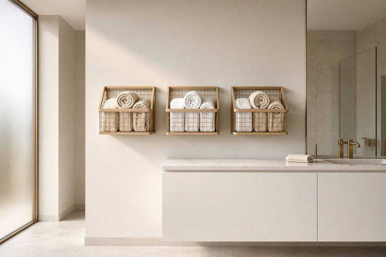 Creative small bathroom towel storage ideas featuring wooden wire baskets mounted on a wall with spa rolled towels