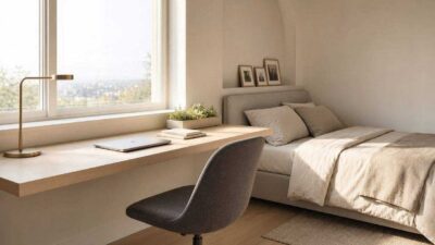 A modern and clean small bedroom office combo layout with a floating desk and natural window light