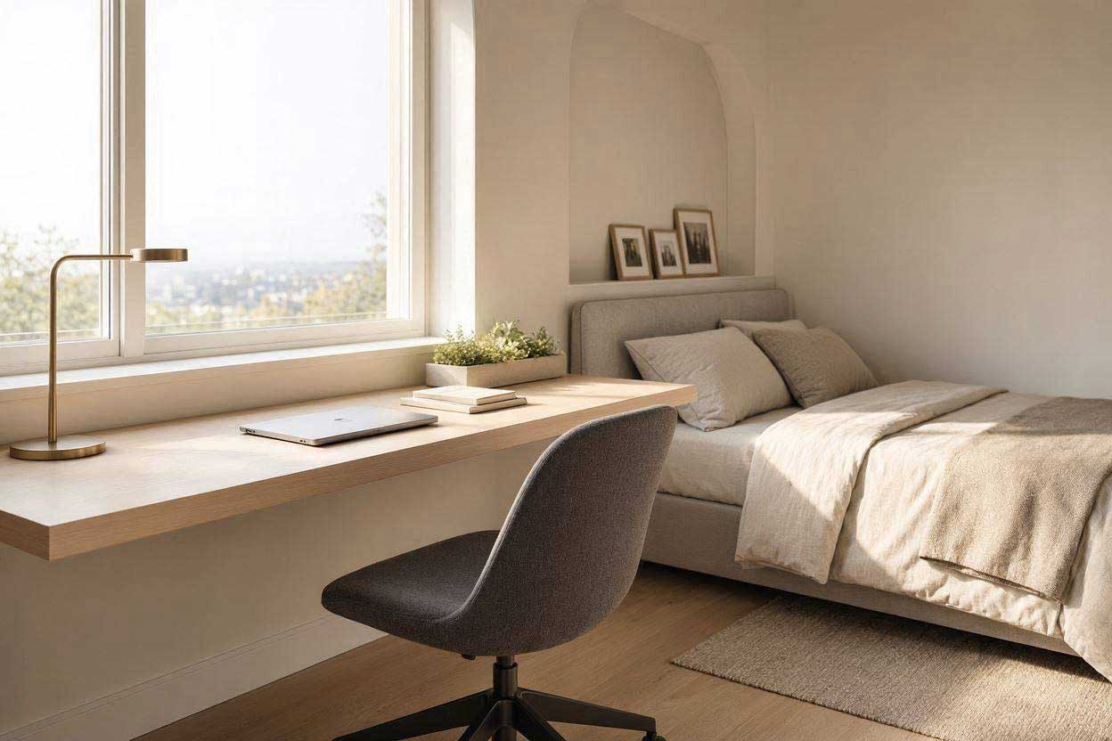 A modern and clean small bedroom office combo layout with a floating desk and natural window light
