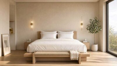 A modern minimalist small bedroom layout featuring a beautifully styled queen size bed with floating wall sconces