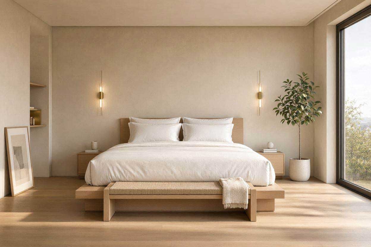 A modern minimalist small bedroom layout featuring a beautifully styled queen size bed with floating wall sconces