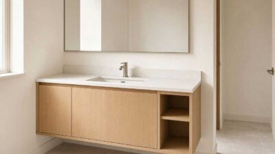Small floating vanity in a narrow bathroom
