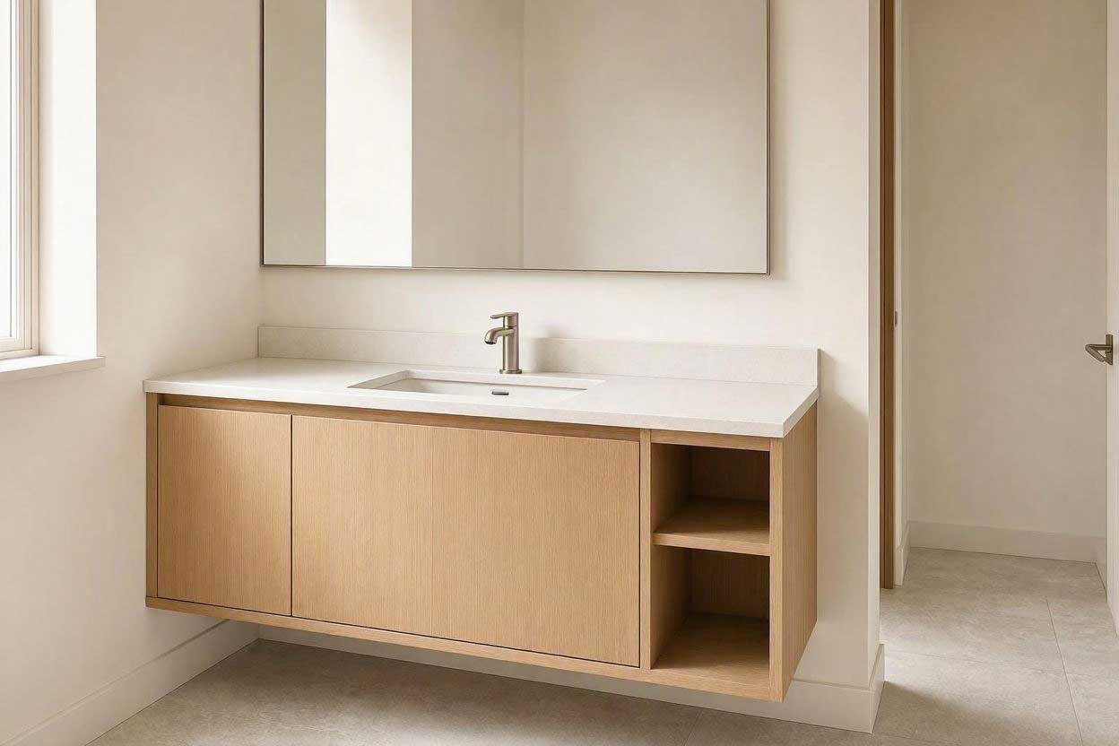 Small floating vanity in a narrow bathroom