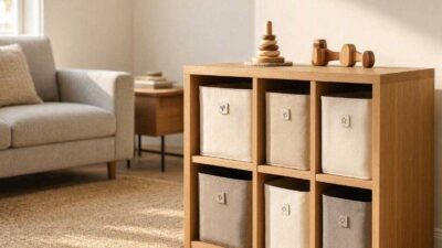 A modern small space toy storage solution featuring labelled fabric bins in a minimalist living room setup
