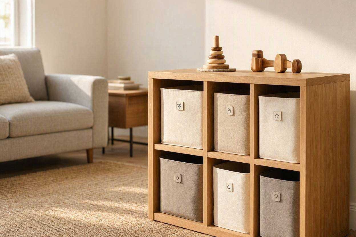 A modern small space toy storage solution featuring labelled fabric bins in a minimalist living room setup