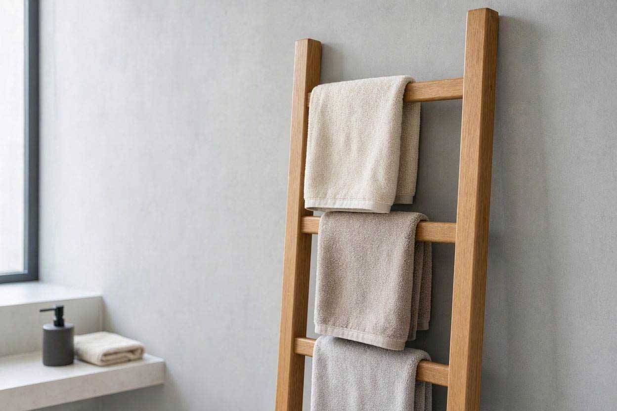 A leaning vertical wooden ladder serving as an aesthetic towel rack for small bathroom layouts