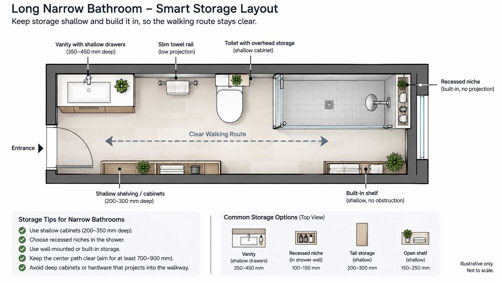 Top-down bathroom diagram showing shallow storage and clear circulation space in a narrow bathroom