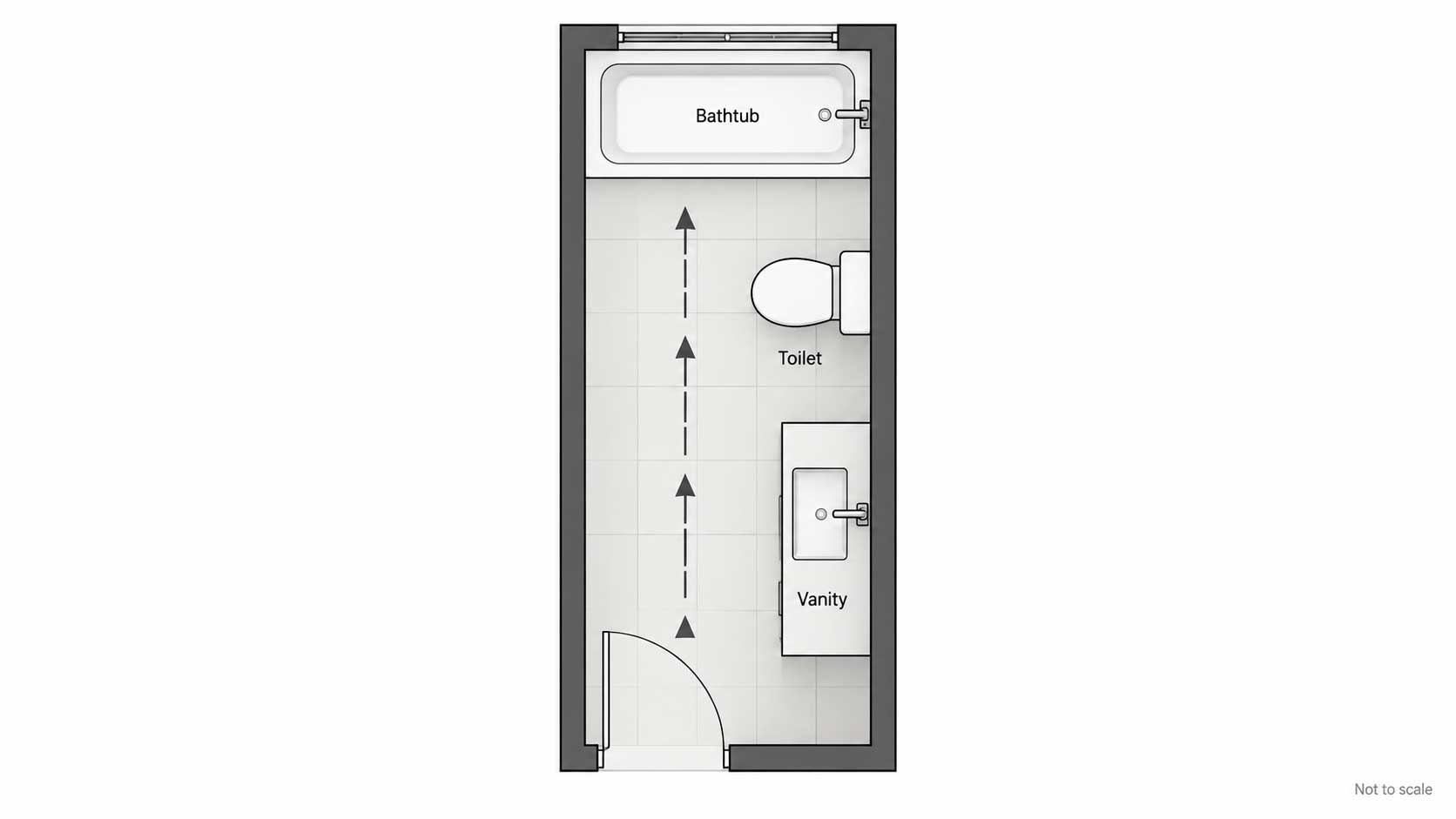 Top-down floor plan of a long narrow bathroom with a bathtub installed across the far end