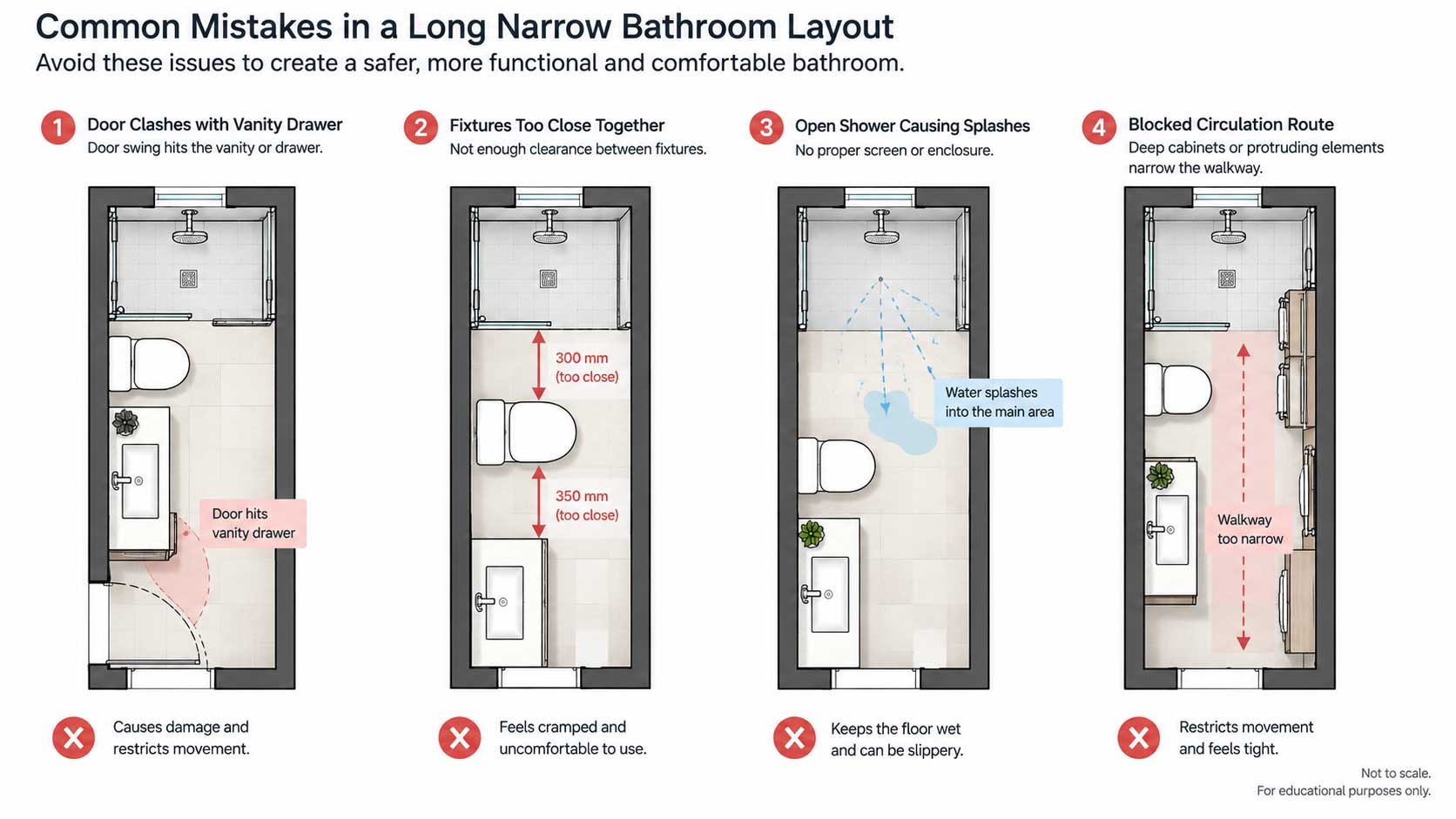 Diagram showing common narrow bathroom layout mistakes such as blocked walkways, door clashes, and poor fixture spacing