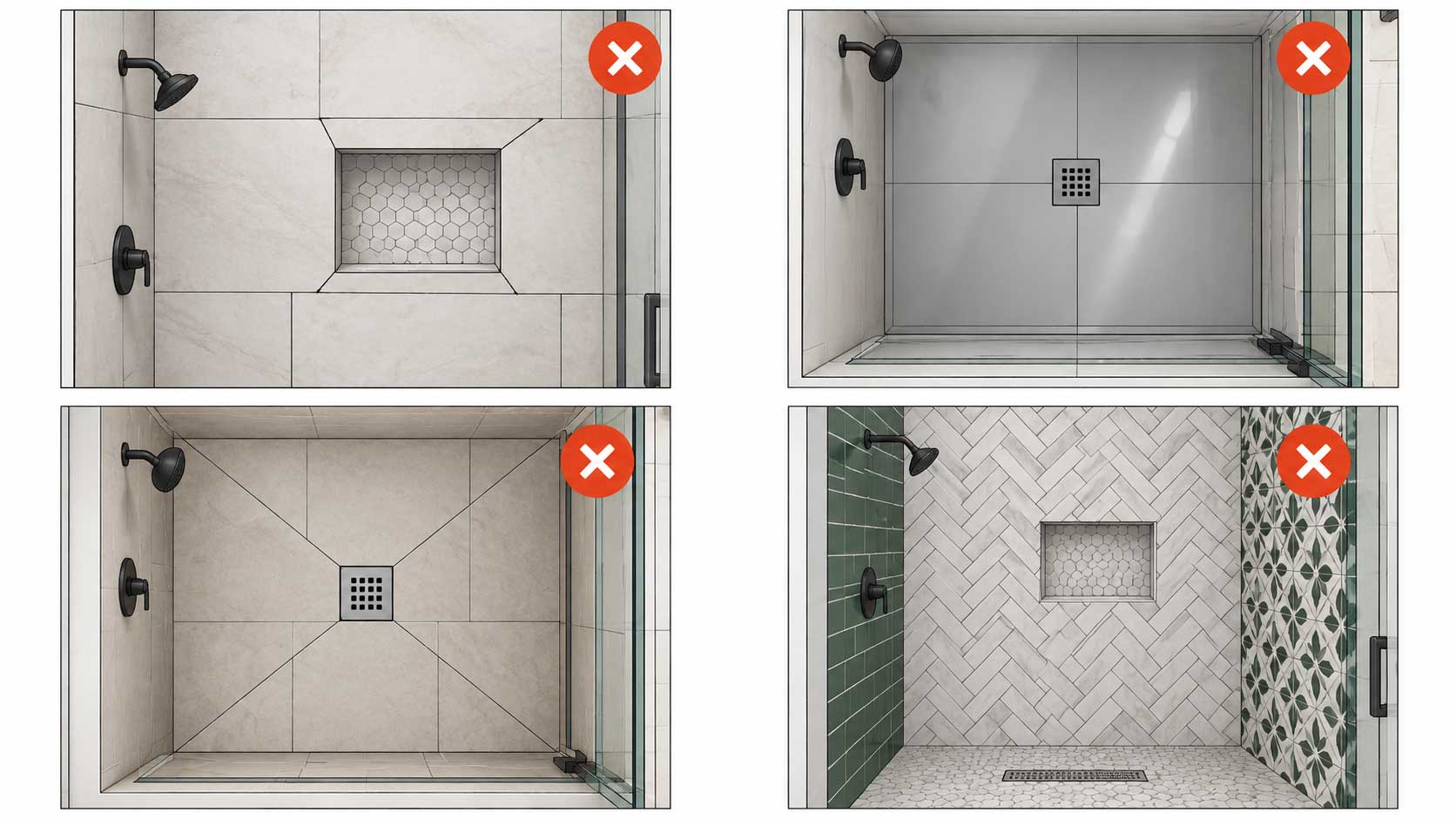 Diagram showing awkward tile cuts, unsuitable shower flooring, drain layout problems, and competing tile patterns.
