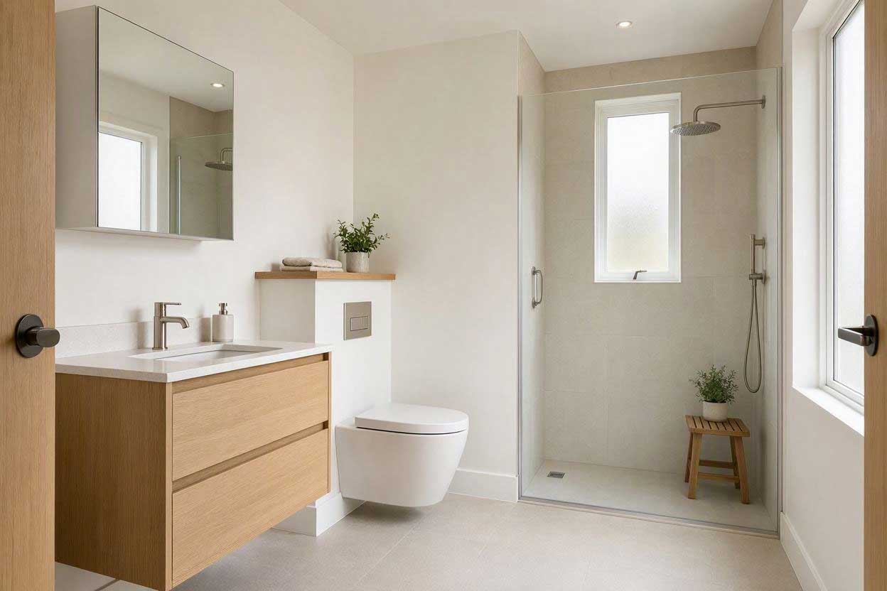 Modern compact bathroom with a space-efficient layout, neutral finishes, and practical fixtures arranged to maximize a small footprint