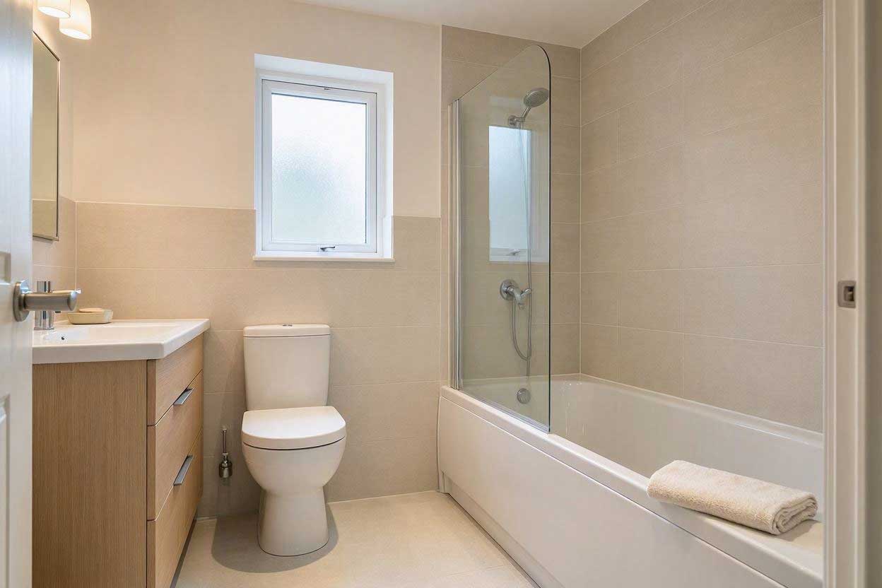 Small bathroom with a combined bathtub and shower, providing two bathing options while using a limited amount of space