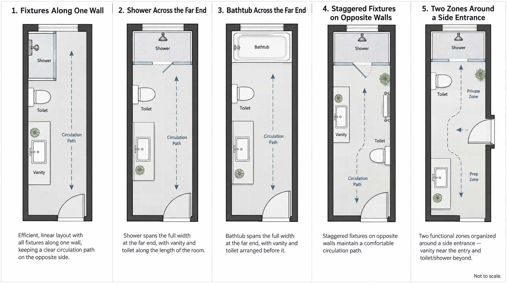 Top-down comparison diagram showing five different long narrow bathroom layout options