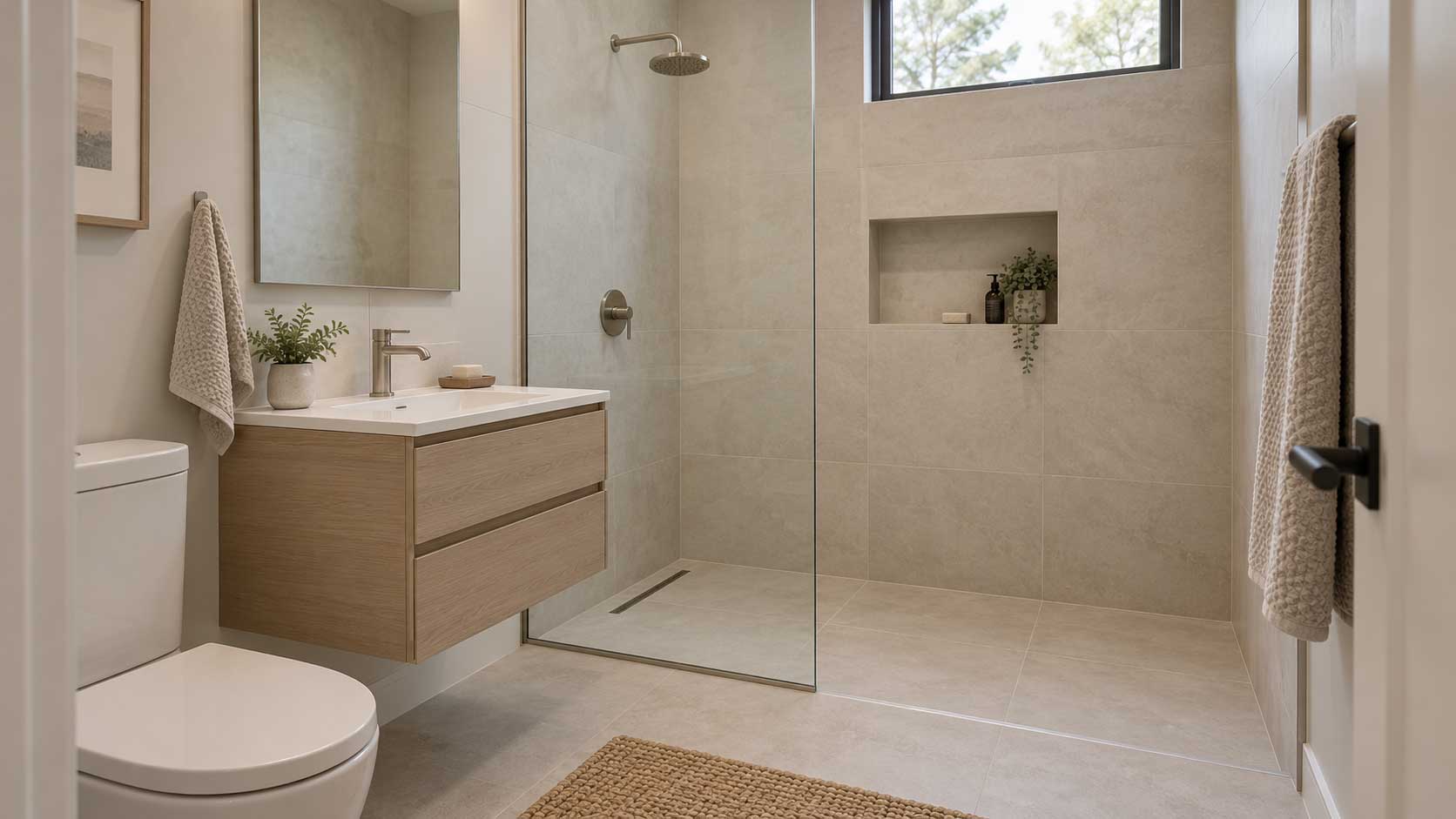 Small bathroom using coordinated tile from the main room into the walk-in shower.