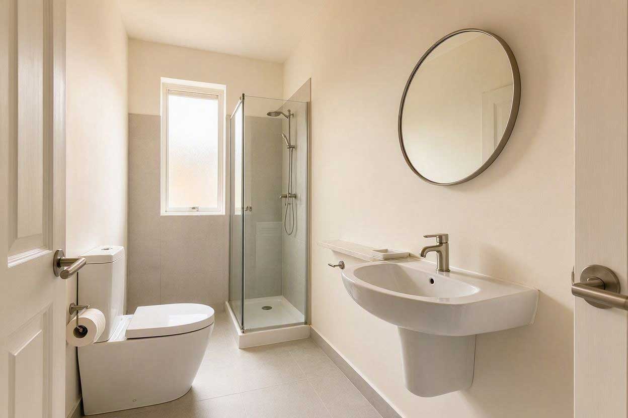 Compact bathroom featuring a corner sink that saves floor space and improves movement through the room