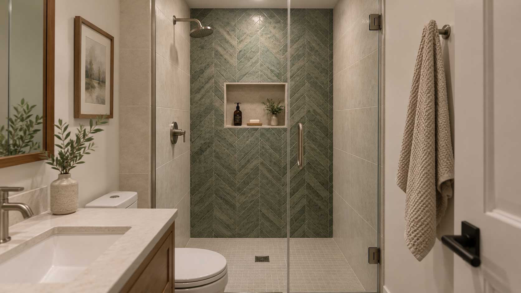 Small shower with one patterned feature wall and simple neutral surrounding tiles.