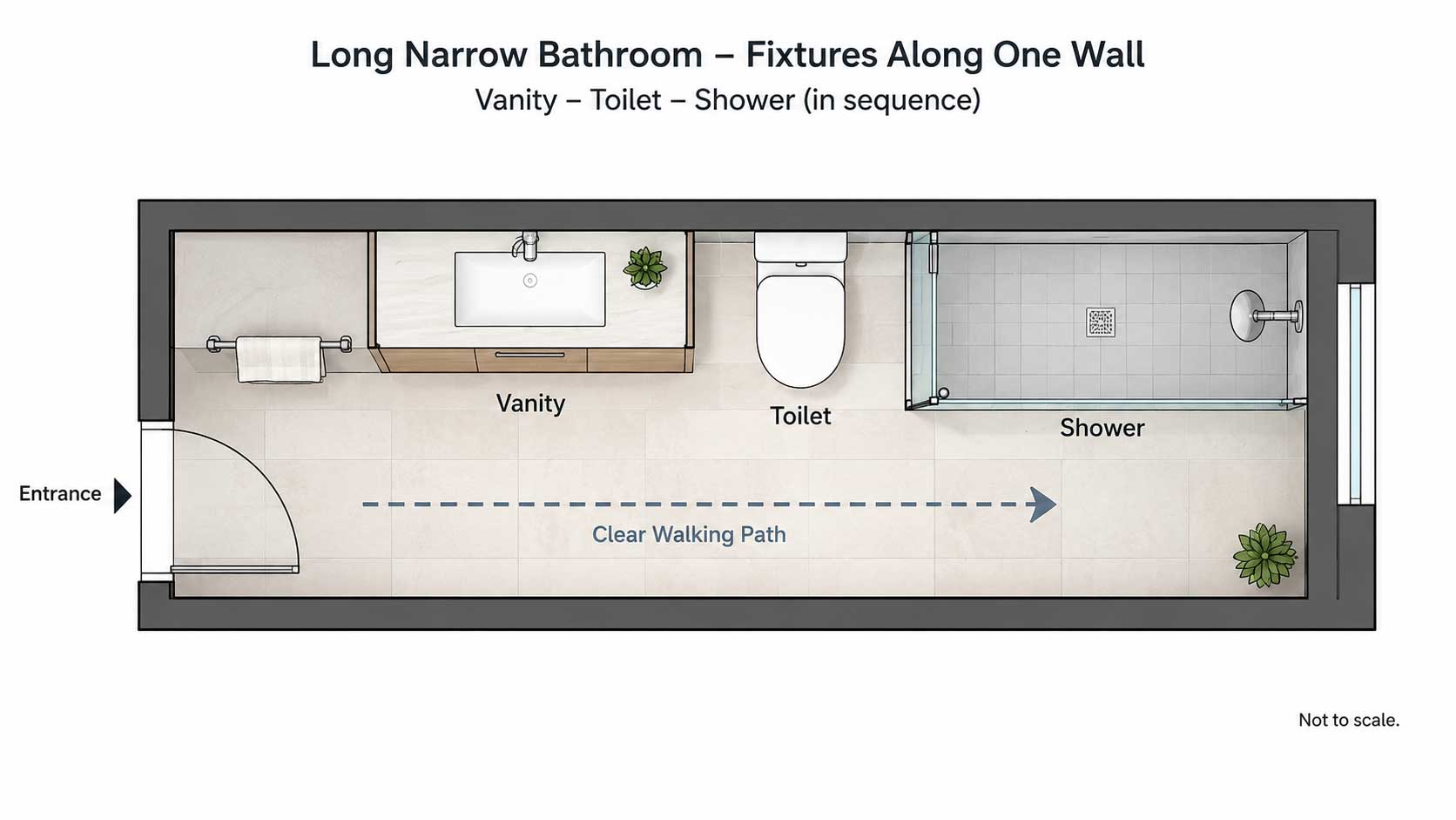 Top-down floor plan of a long narrow bathroom with the vanity, toilet, and shower arranged along one wall