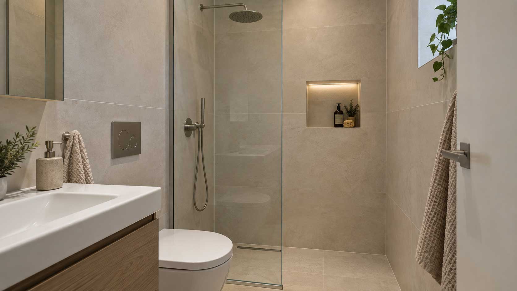 Small walk-in shower with large-format wall tiles and minimal grout lines.