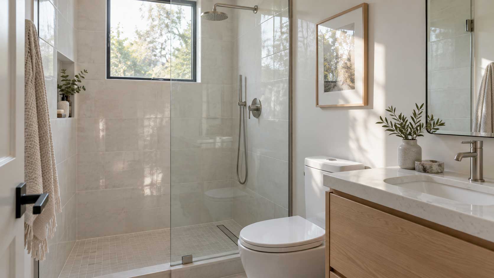 Small shower with light glossy wall tiles reflecting soft natural daylight.