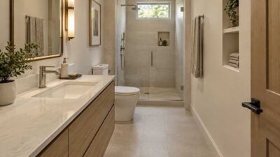 Long narrow bathroom interior with a vanity, toilet, and shower arranged to improve movement and flow