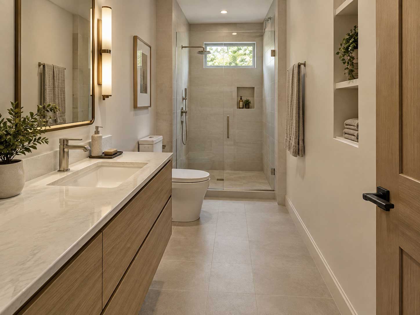 Long narrow bathroom interior with a vanity, toilet, and shower arranged to improve movement and flow