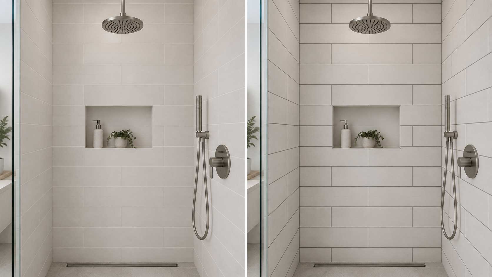 Comparison of light shower tiles with matching grout and contrasting dark grout.