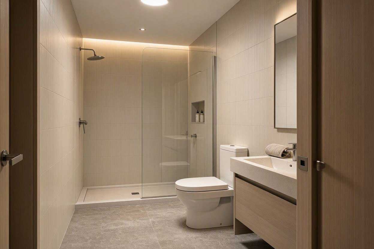Narrow bathroom with a walk-in shower positioned at the far end to improve circulation and make the long layout feel more balanced
