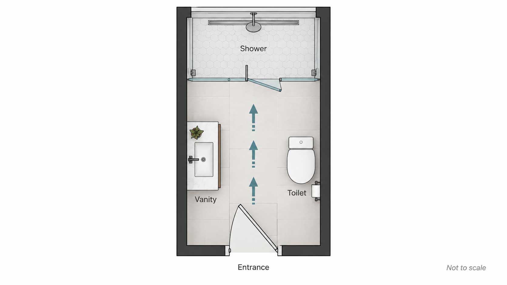 Top-down floor plan of a long narrow bathroom with the shower spanning the far end of the room