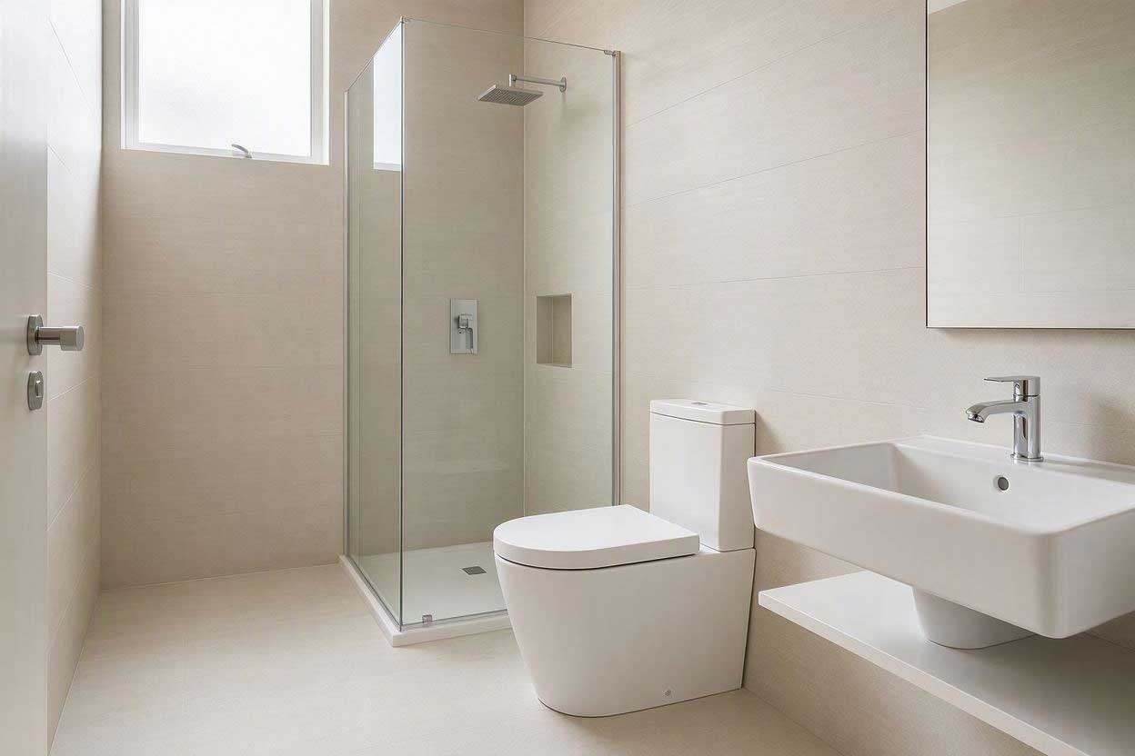 Small bathroom with the toilet, sink, and shower arranged in a straight line to create an efficient compact layout