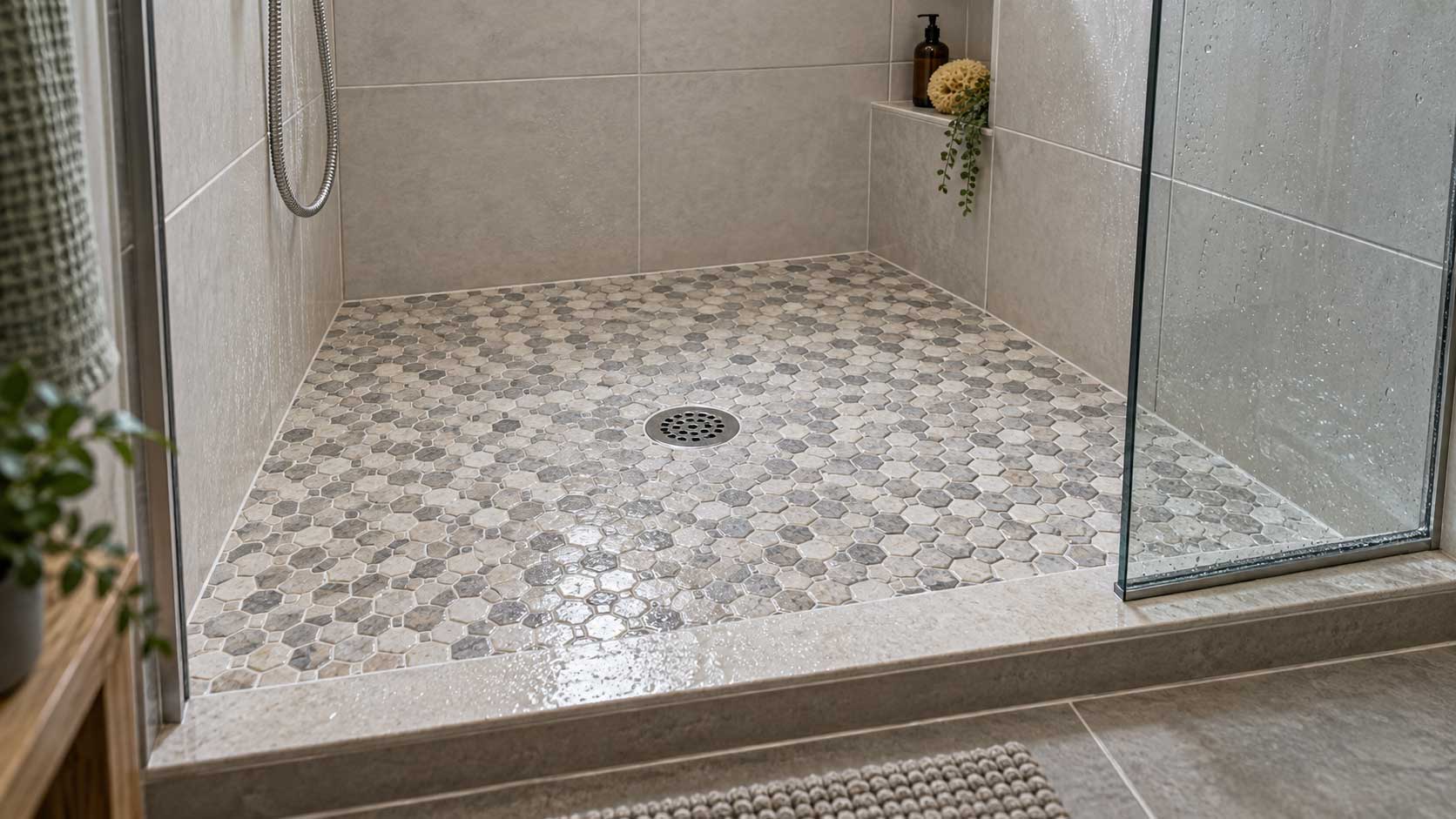 Small mosaic shower floor tiles following the slope toward a central drain.