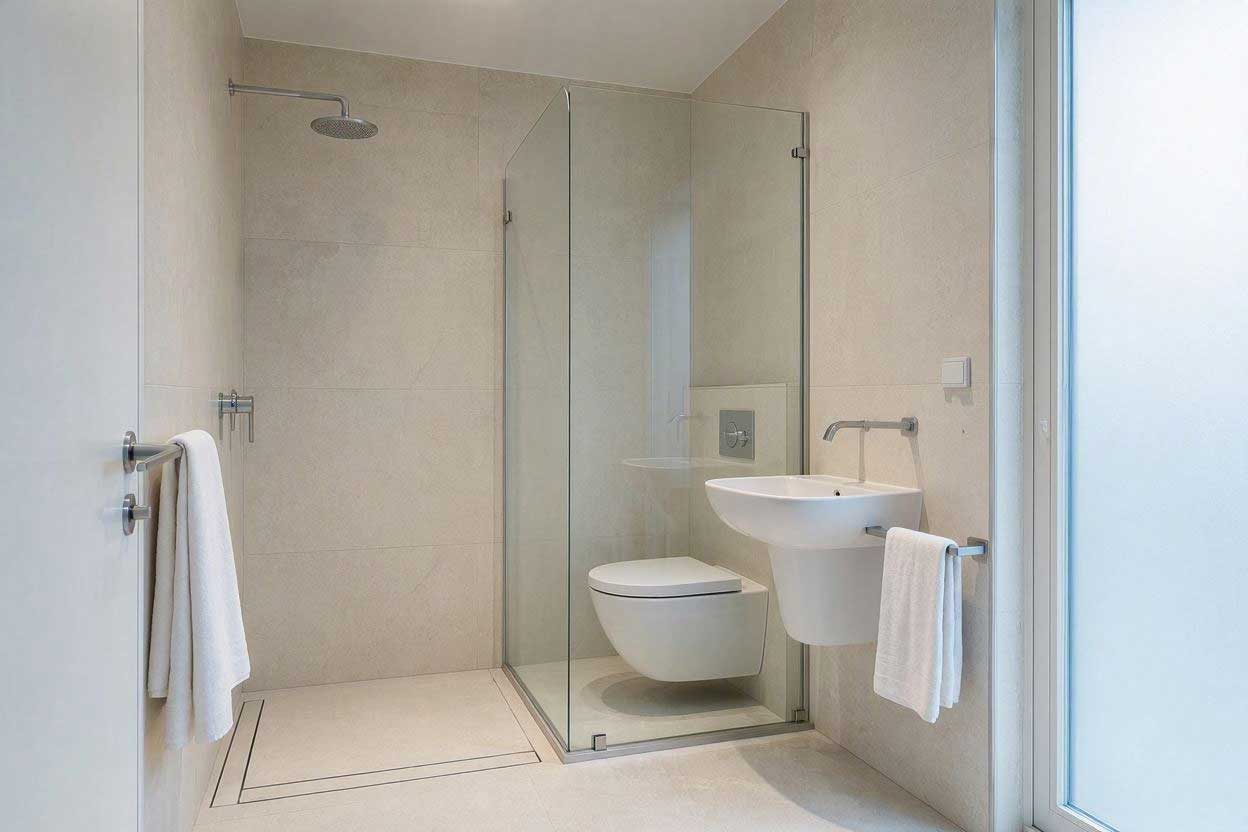 Compact wet-room bathroom with an open shower area, water-resistant surfaces, and fixtures arranged for efficient use of space