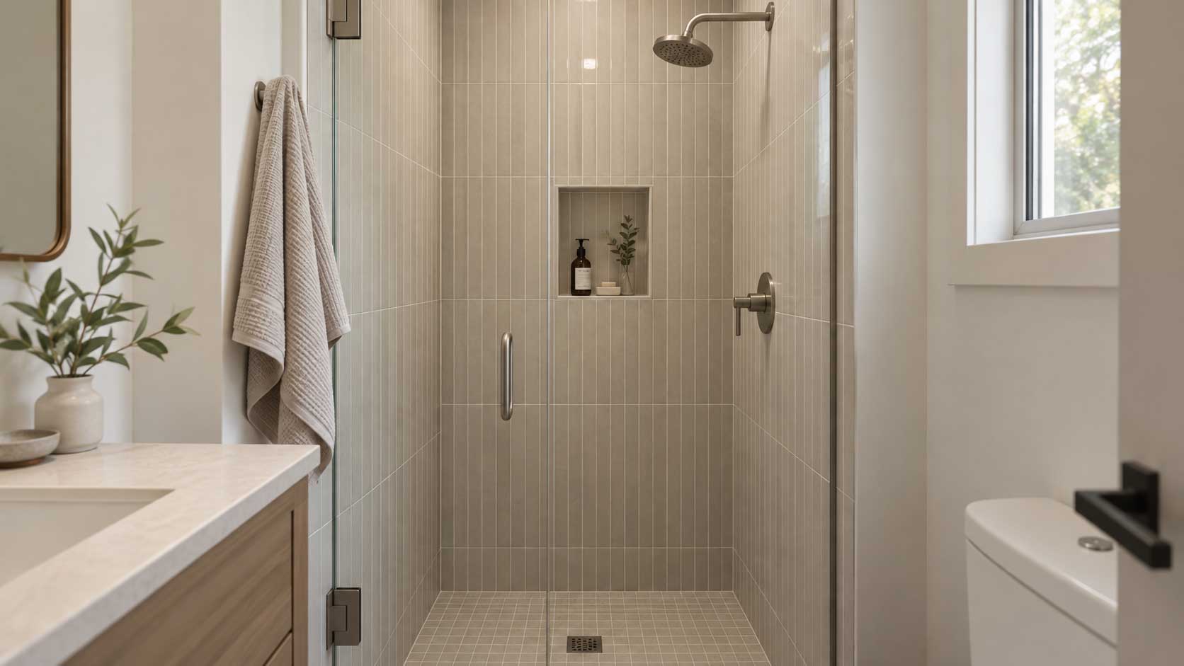 Small shower with rectangular tiles installed vertically to emphasize wall height.