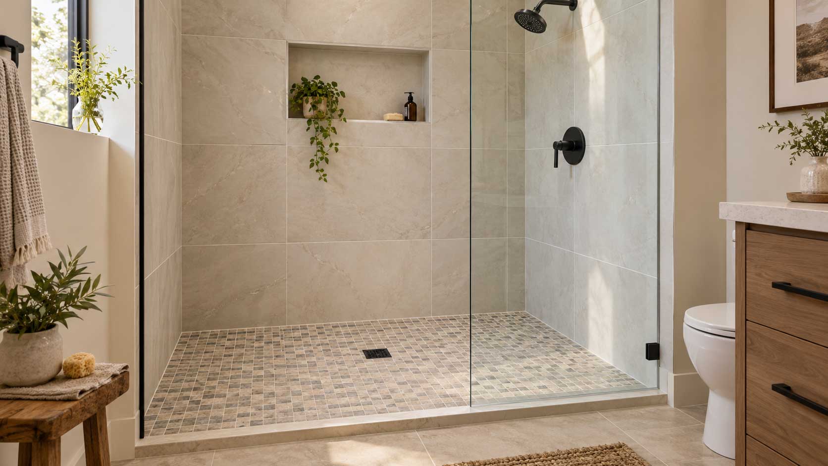 Small shower with large wall tiles and smaller floor tiles arranged around the drain.