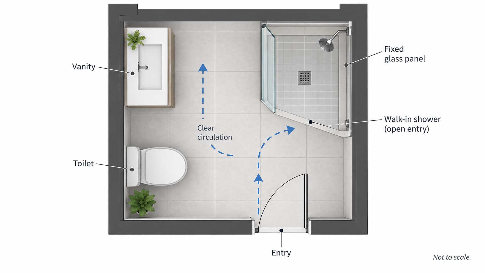 Small bathroom floor plan with a corner walk-in shower and clear access around nearby fixtures