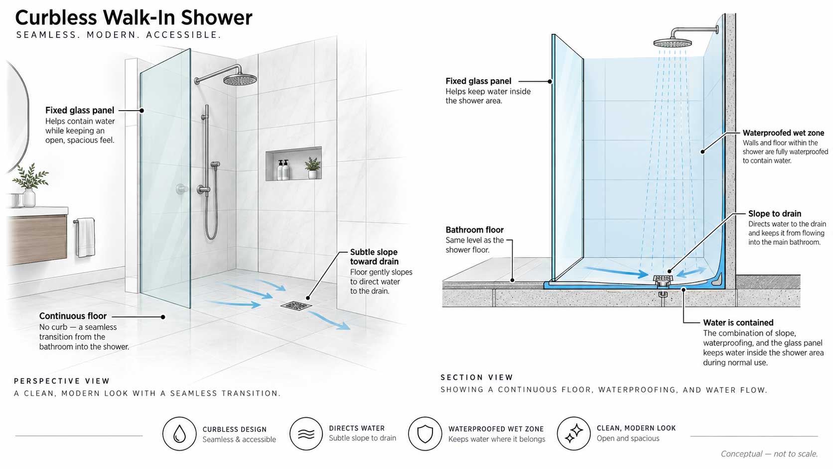 Diagram showing a curbless walk-in shower with continuous flooring, drainage, and water-control planning