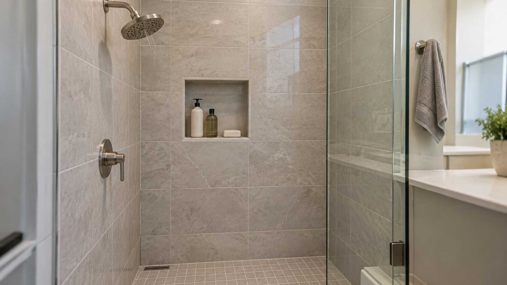 Recessed wall niche providing storage inside a compact walk-in shower