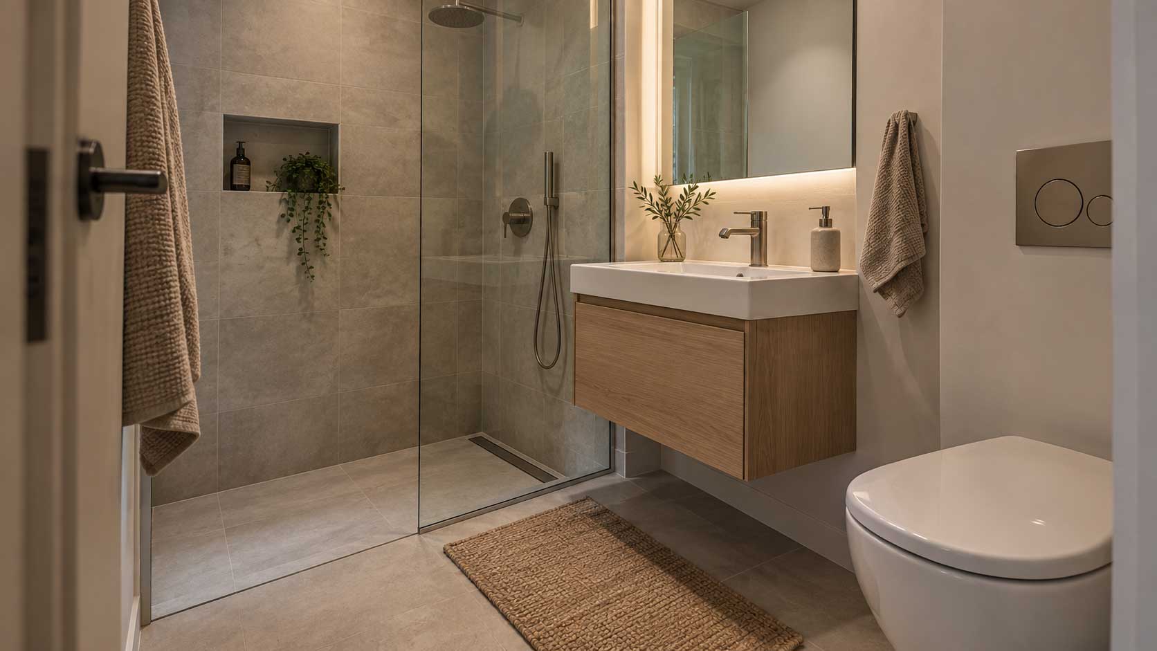 Small bathroom with a walk-in shower and floating vanity creating a lighter visual appearance