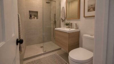 Small bathroom with a walk-in shower, clear glass panel, floating vanity, and open layout