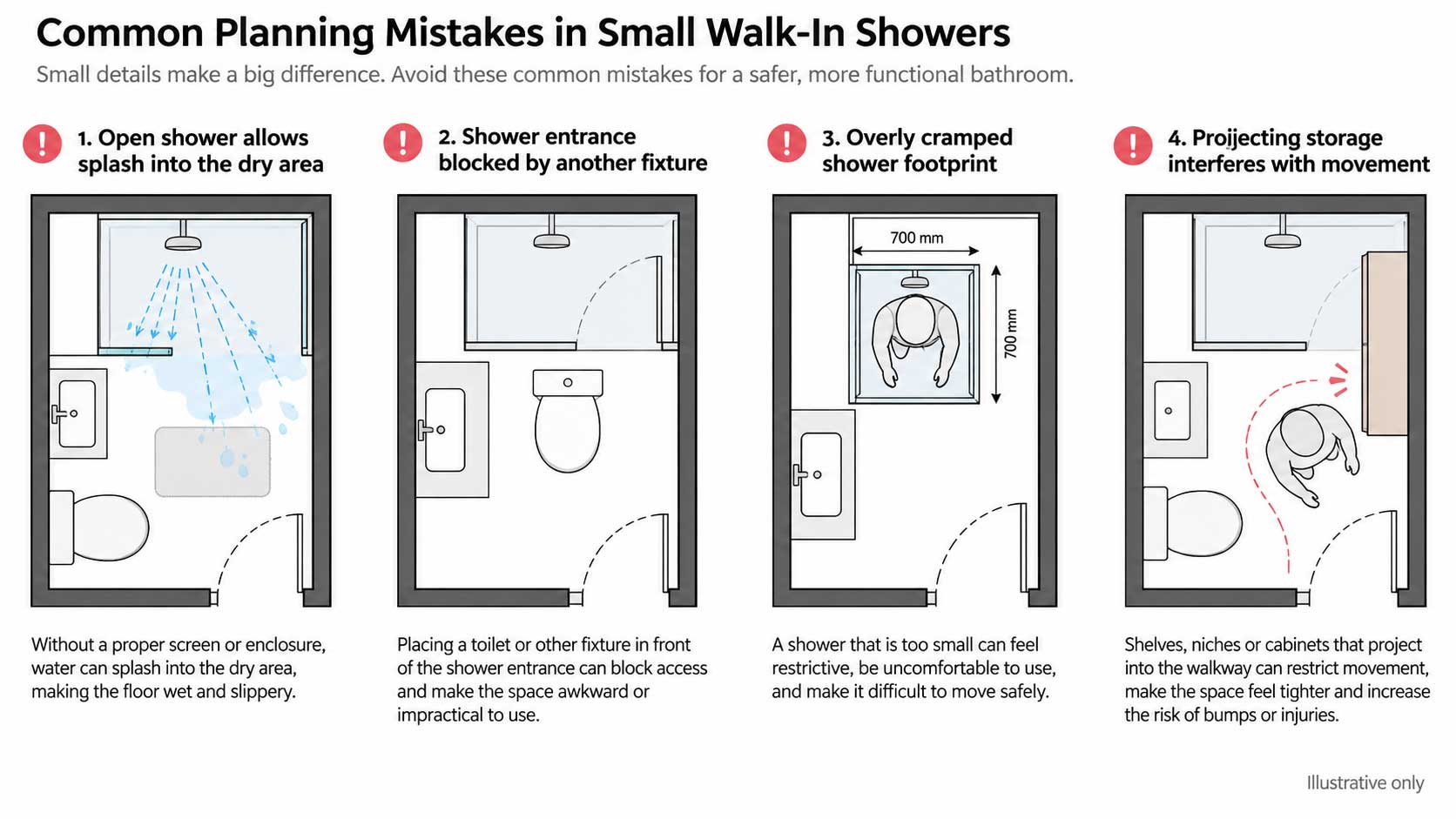 Diagram showing common walk-in shower mistakes including poor water control, blocked access, and inadequate storage