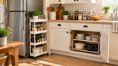 Small rental kitchen with portable storage carts and organized cabinets without permanent installations.