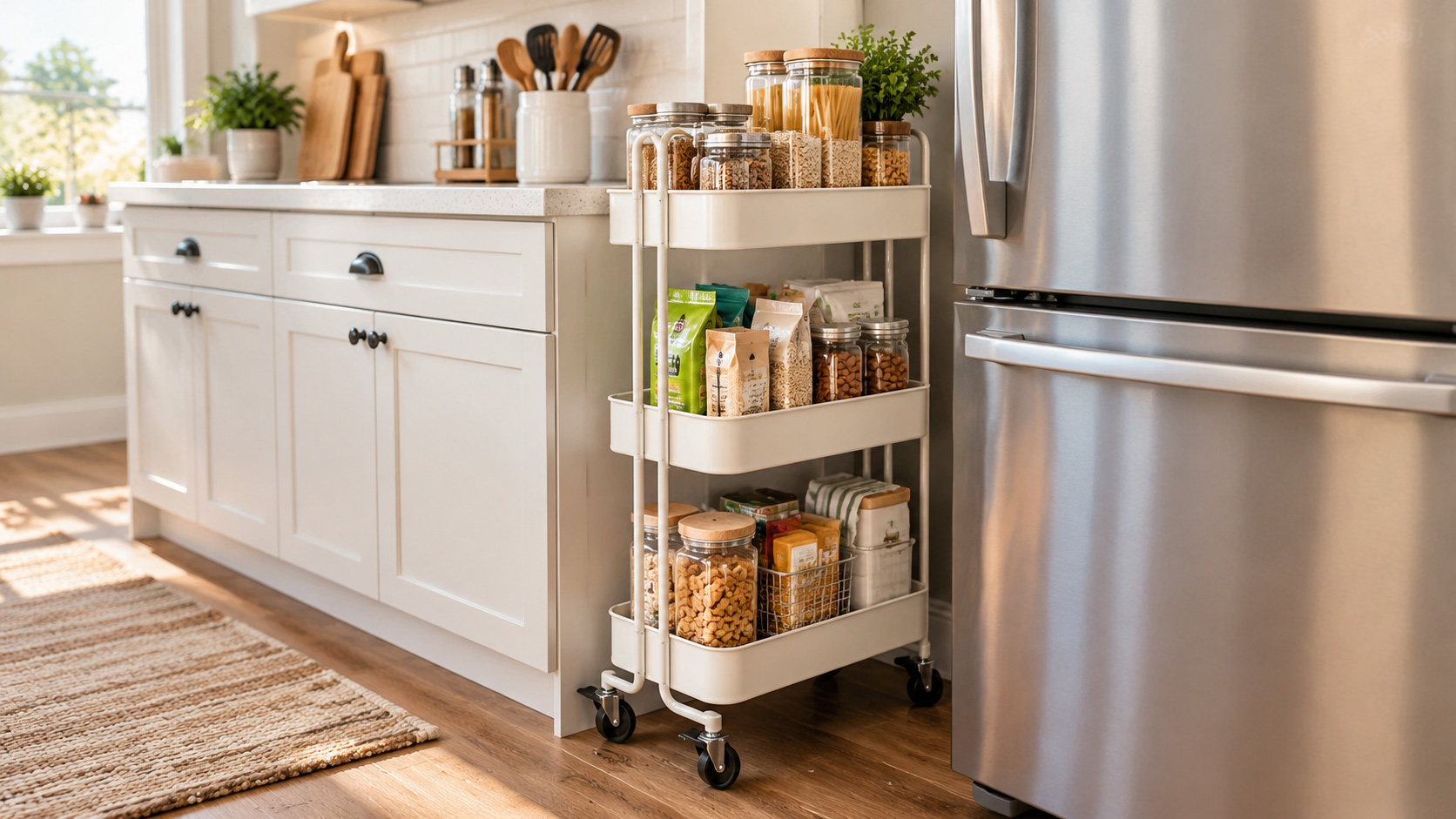 Slim rolling storage cart beside a refrigerator in a compact rental kitchen.