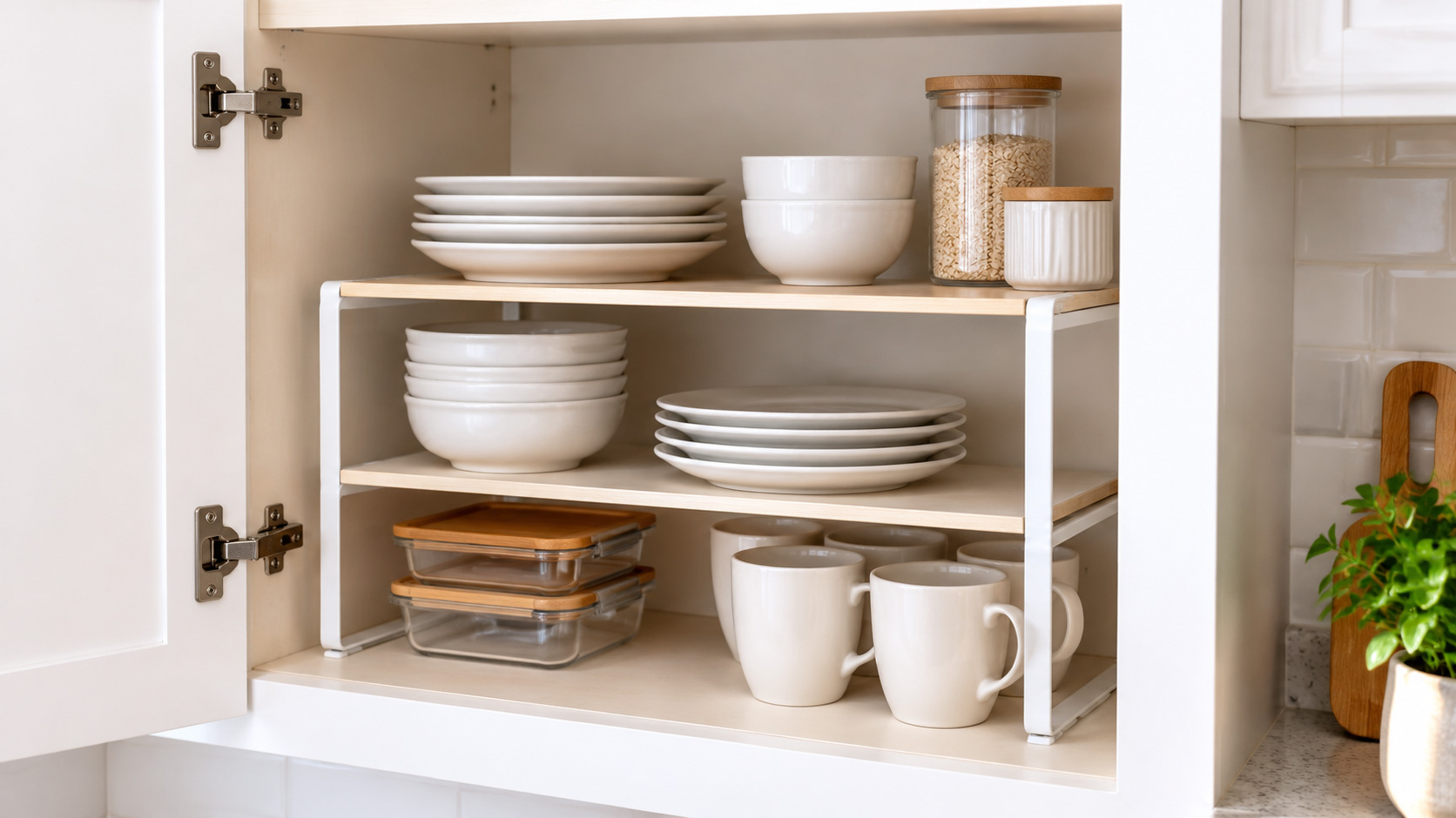 Cabinet shelf riser creating additional storage for dishes and kitchen essentials.
