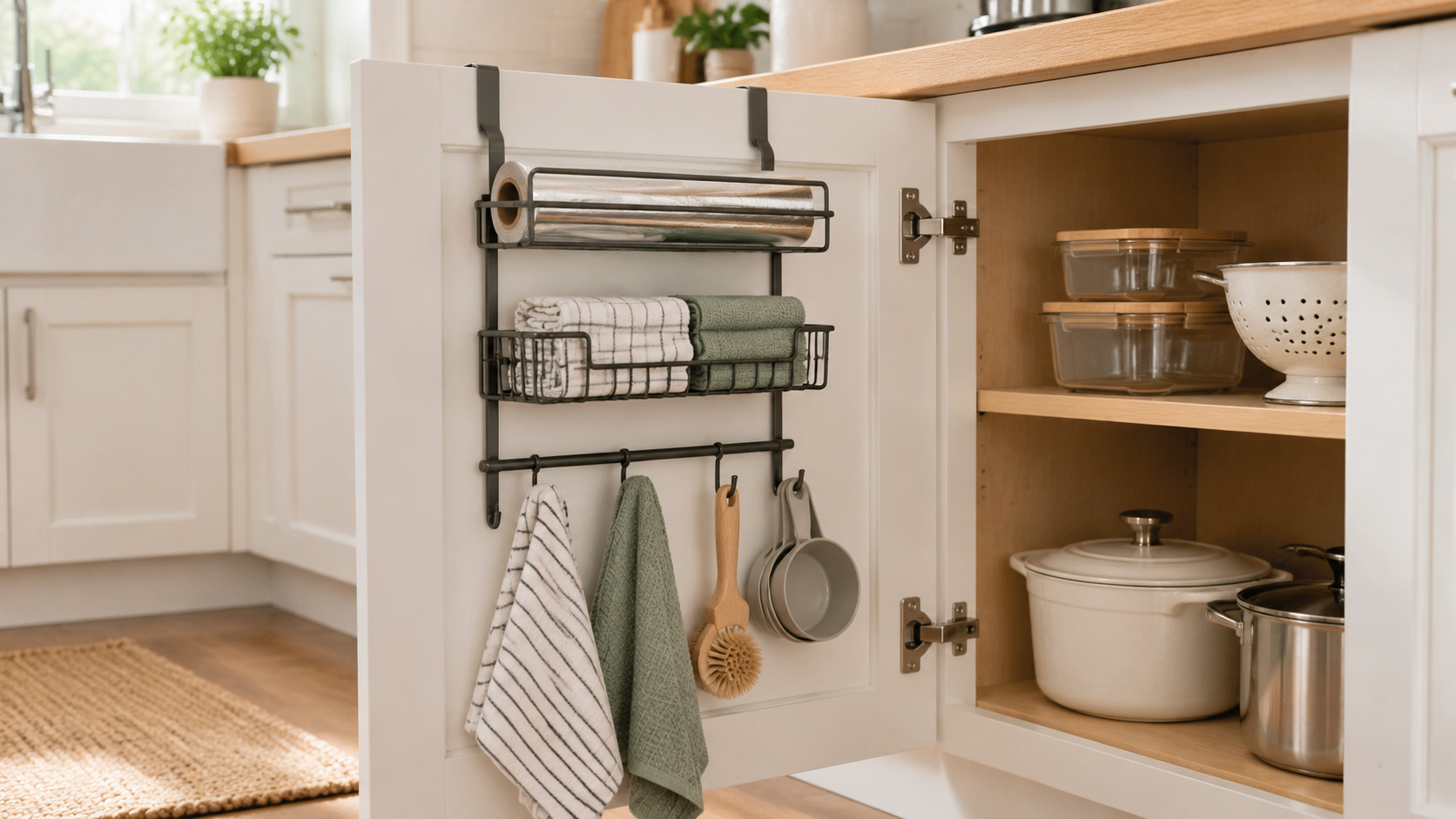 Removable over-the-door organizer holding lightweight kitchen accessories.